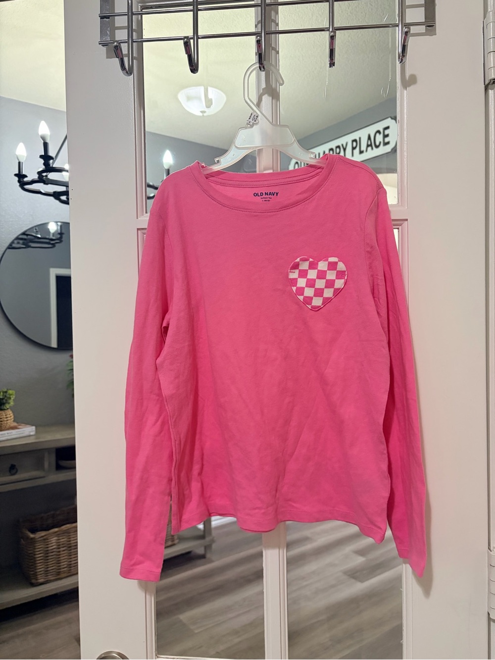 Old Navy Bright Pink Long-Sleeve Tee with Checkered Heart Pocket